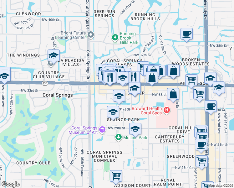 map of restaurants, bars, coffee shops, grocery stores, and more near 10192 Northwest 33rd Street in Coral Springs