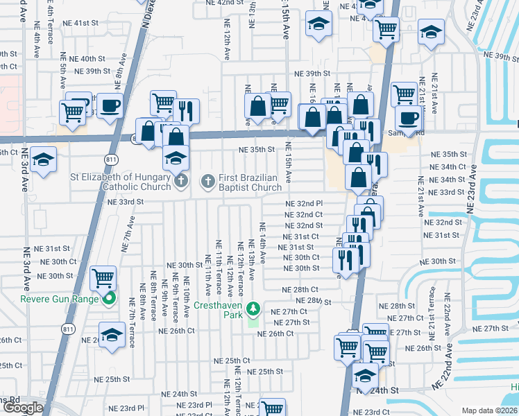 map of restaurants, bars, coffee shops, grocery stores, and more near 1401 Northeast 32nd Court in Pompano Beach