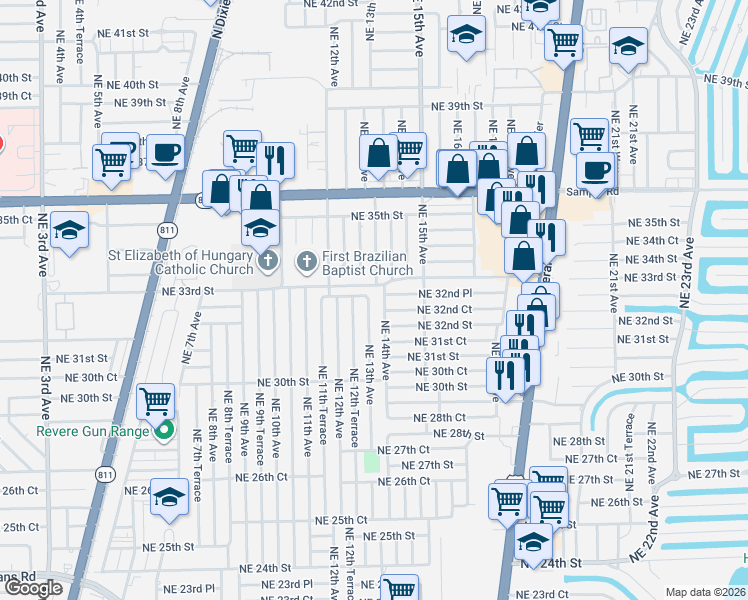 map of restaurants, bars, coffee shops, grocery stores, and more near 1401 Northeast 32nd Court in Pompano Beach