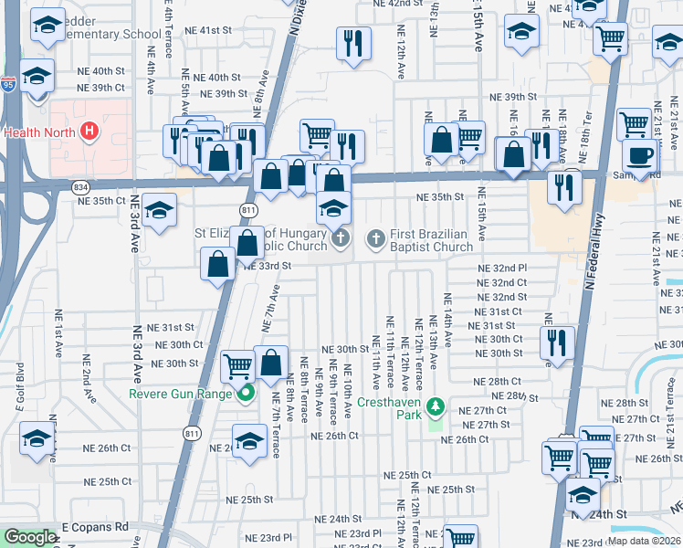 map of restaurants, bars, coffee shops, grocery stores, and more near 3161 Northeast 10th Terrace in Pompano Beach