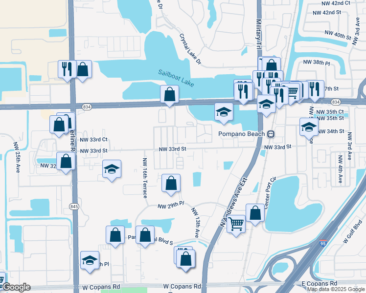 map of restaurants, bars, coffee shops, grocery stores, and more near 1400 Northwest 33rd Street in Pompano Beach