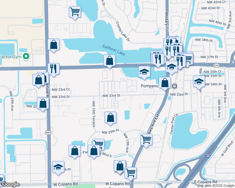 map of restaurants, bars, coffee shops, grocery stores, and more near 1400 Northwest 33rd Street in Pompano Beach