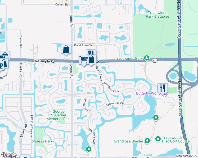 map of restaurants, bars, coffee shops, grocery stores, and more near 4319 Carambola Circle North in Coconut Creek