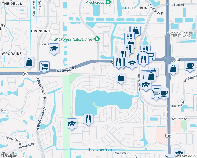 map of restaurants, bars, coffee shops, grocery stores, and more near 3382 Bonito Lane in Margate
