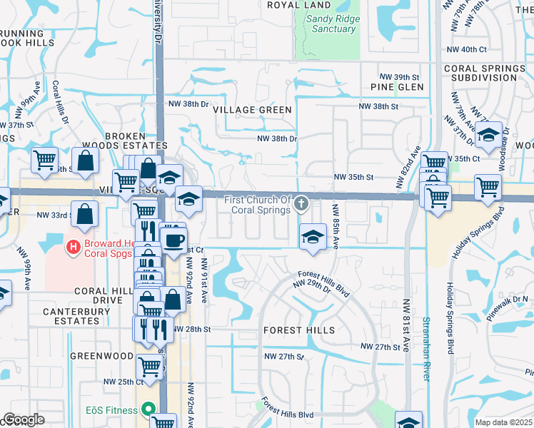 map of restaurants, bars, coffee shops, grocery stores, and more near 3211 Northwest 89th Avenue in Coral Springs