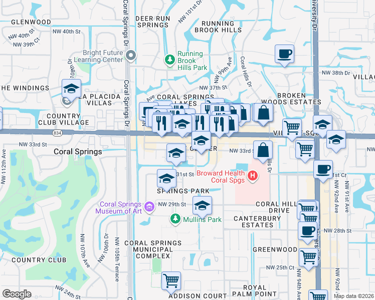 map of restaurants, bars, coffee shops, grocery stores, and more near in Coral Springs