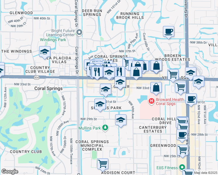 map of restaurants, bars, coffee shops, grocery stores, and more near 10192 Northwest 33rd Street in Coral Springs