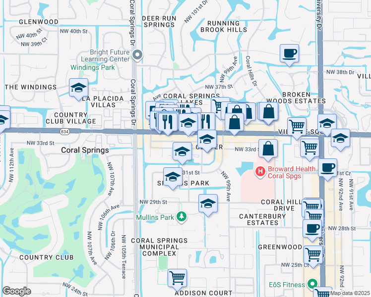 map of restaurants, bars, coffee shops, grocery stores, and more near 10192 Northwest 33rd Street in Coral Springs