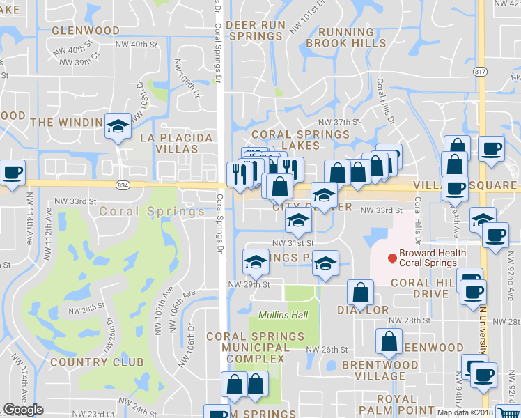 map of restaurants, bars, coffee shops, grocery stores, and more near 10254 Northwest 33rd Street in Coral Springs