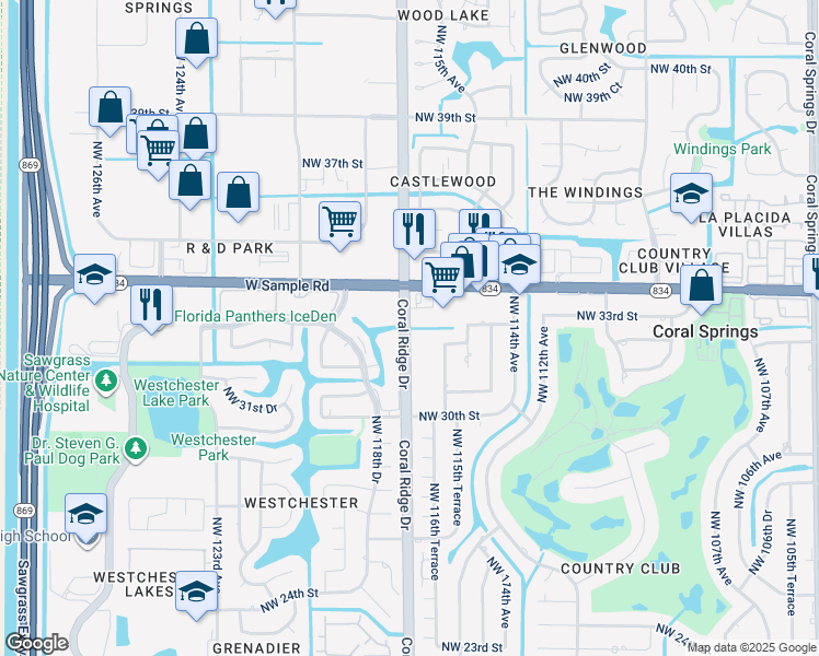 map of restaurants, bars, coffee shops, grocery stores, and more near 11525 Northwest 32nd Court in Coral Springs