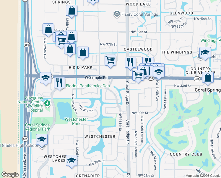 map of restaurants, bars, coffee shops, grocery stores, and more near 3187-3281 Northwest 118th Avenue in Coral Springs