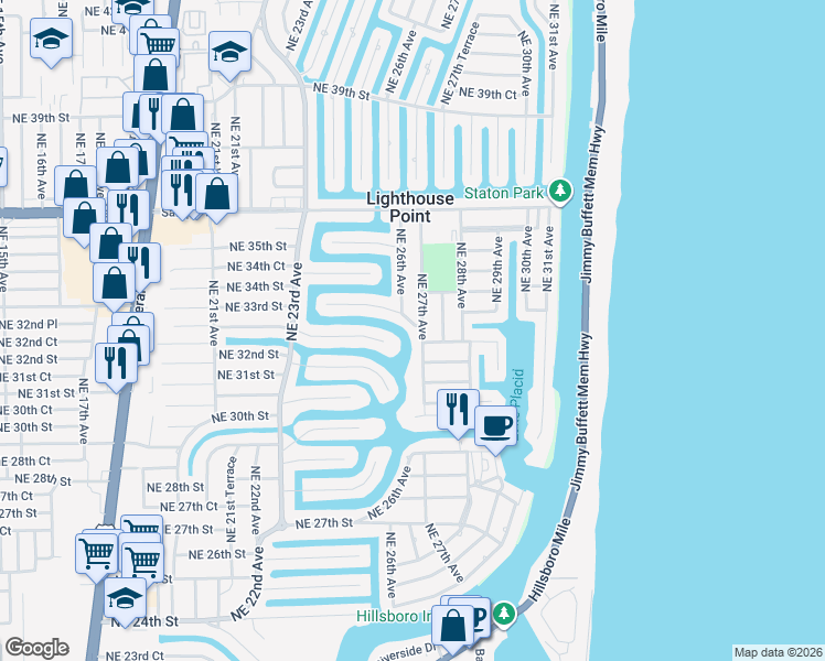 map of restaurants, bars, coffee shops, grocery stores, and more near 3211 Northeast 27th Avenue in Lighthouse Point
