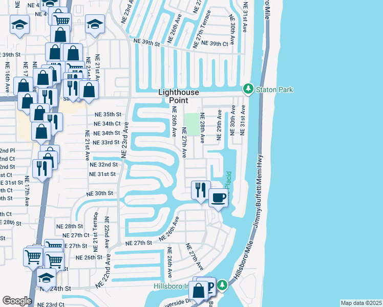 map of restaurants, bars, coffee shops, grocery stores, and more near 3216 Northeast 27th Avenue in Lighthouse Point