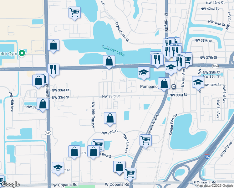 map of restaurants, bars, coffee shops, grocery stores, and more near 1400 Northwest 33rd Street in Pompano Beach