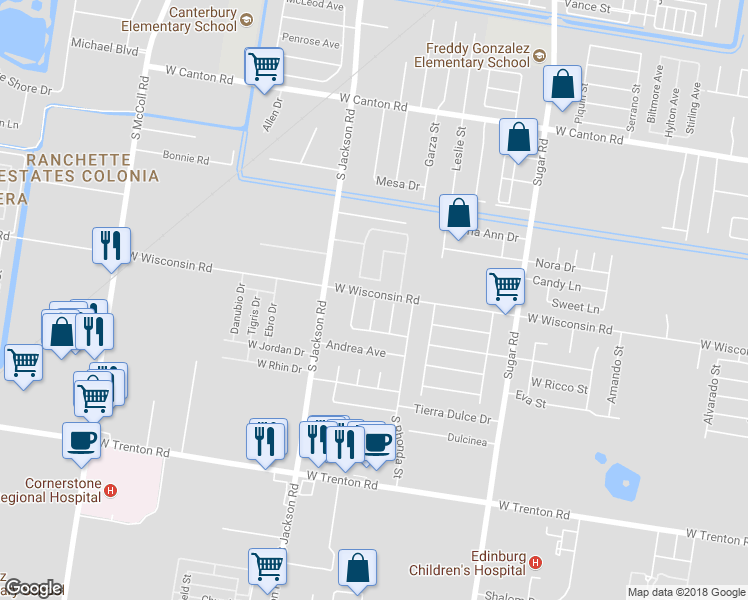 map of restaurants, bars, coffee shops, grocery stores, and more near 3407 Briget Street in Edinburg