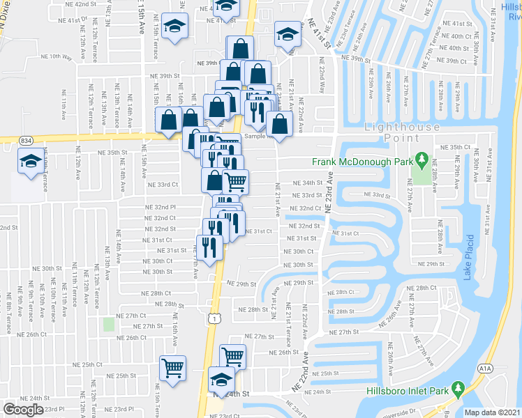map of restaurants, bars, coffee shops, grocery stores, and more near 2011 Northeast 32nd Street in Lighthouse Point