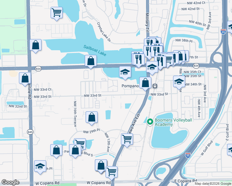 map of restaurants, bars, coffee shops, grocery stores, and more near 1220 Northwest 33rd Street in Pompano Beach