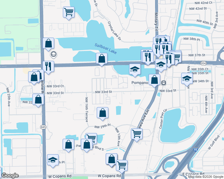 map of restaurants, bars, coffee shops, grocery stores, and more near 1400 Northwest 33rd Street in Pompano Beach