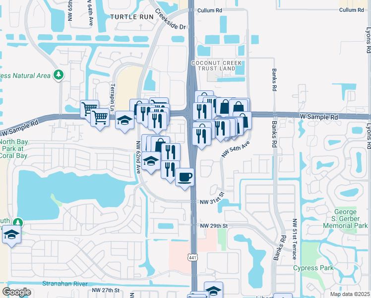 map of restaurants, bars, coffee shops, grocery stores, and more near 3203-3399 Highway 7 in Margate