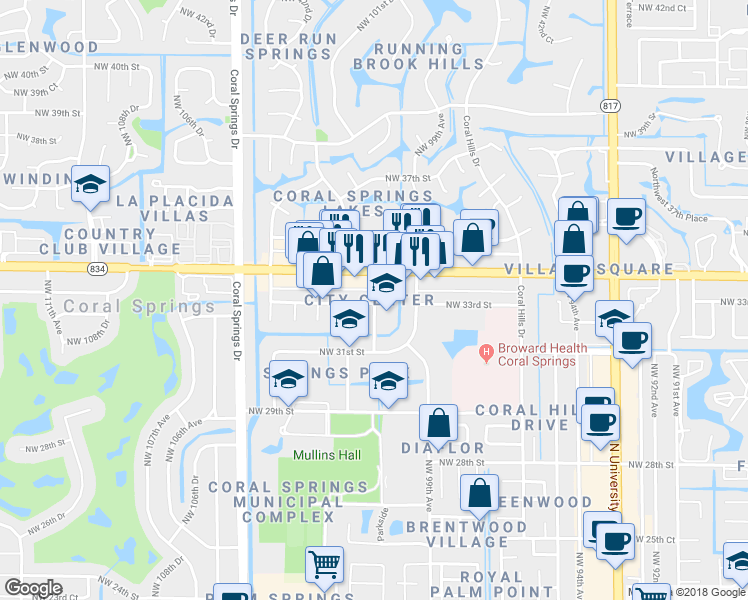 map of restaurants, bars, coffee shops, grocery stores, and more near in Coral Springs