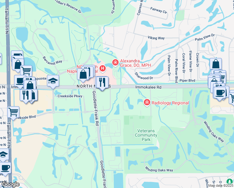 map of restaurants, bars, coffee shops, grocery stores, and more near 1260 Creekside Boulevard in Naples