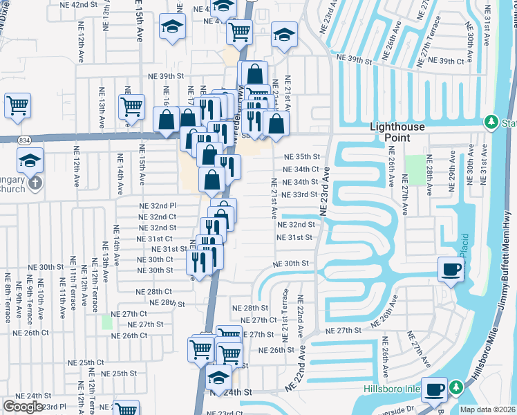 map of restaurants, bars, coffee shops, grocery stores, and more near 2015 Northeast 32nd Court in Lighthouse Point