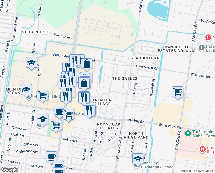 map of restaurants, bars, coffee shops, grocery stores, and more near 404 Yellowhammer Avenue in McAllen