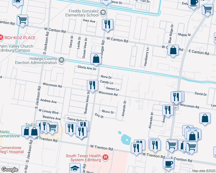 map of restaurants, bars, coffee shops, grocery stores, and more near 1425 Sweet Lane in Edinburg