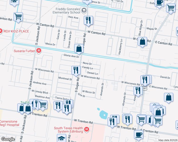 map of restaurants, bars, coffee shops, grocery stores, and more near 1338 Sweet Lane in Edinburg