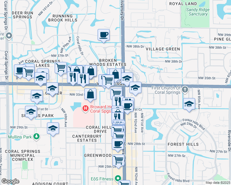 map of restaurants, bars, coffee shops, grocery stores, and more near in Coral Springs