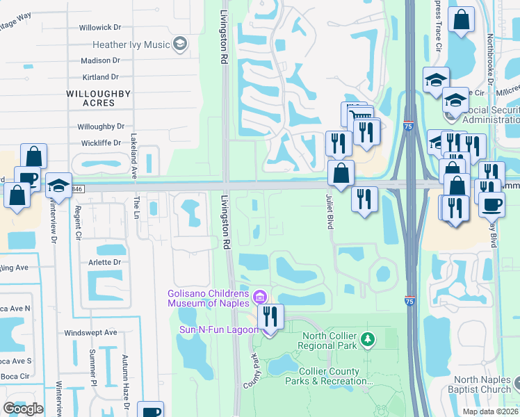 map of restaurants, bars, coffee shops, grocery stores, and more near 4935 Sandra Bay Drive in Naples