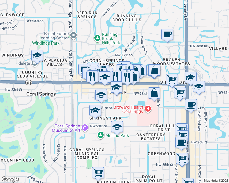 map of restaurants, bars, coffee shops, grocery stores, and more near in Coral Springs