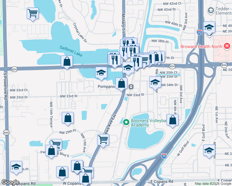 map of restaurants, bars, coffee shops, grocery stores, and more near 1088 Northwest 33rd Court in Pompano Beach