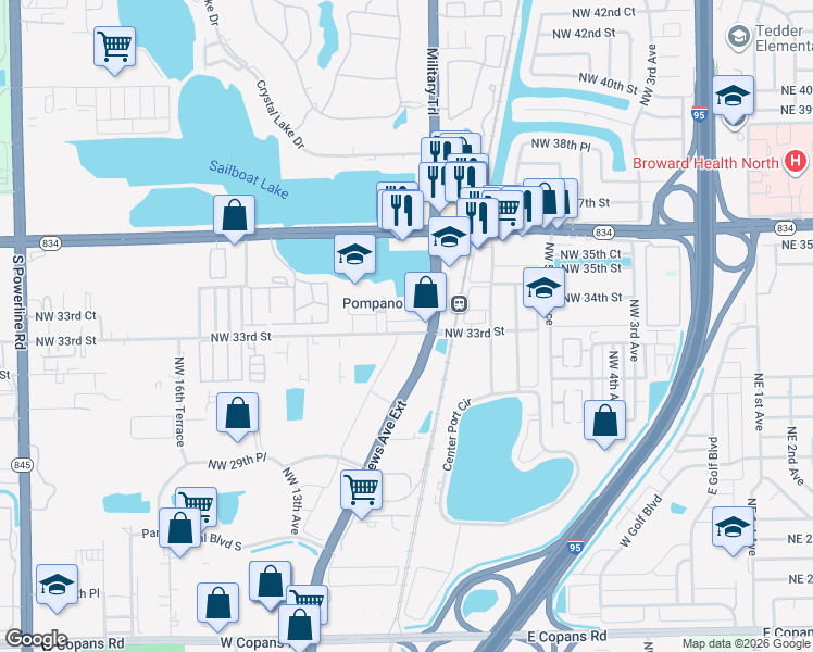 map of restaurants, bars, coffee shops, grocery stores, and more near 1088 Northwest 33rd Court in Pompano Beach