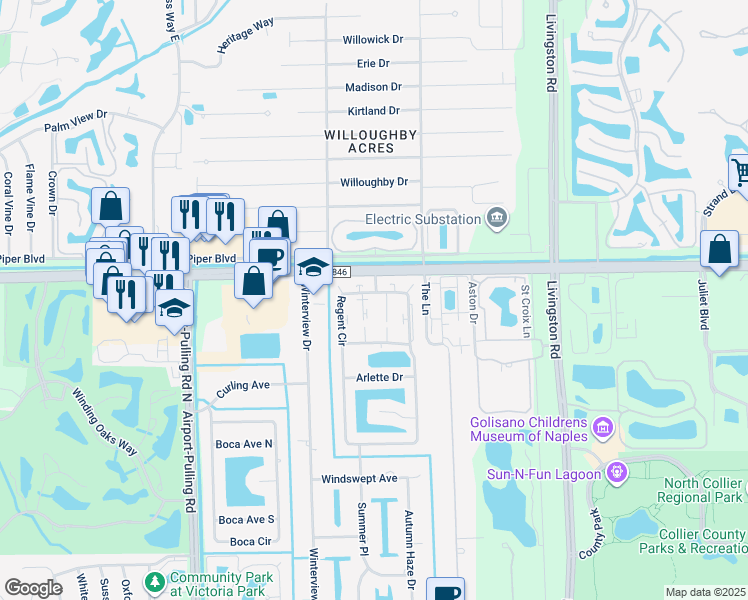 map of restaurants, bars, coffee shops, grocery stores, and more near 10774 King George Lane in Naples