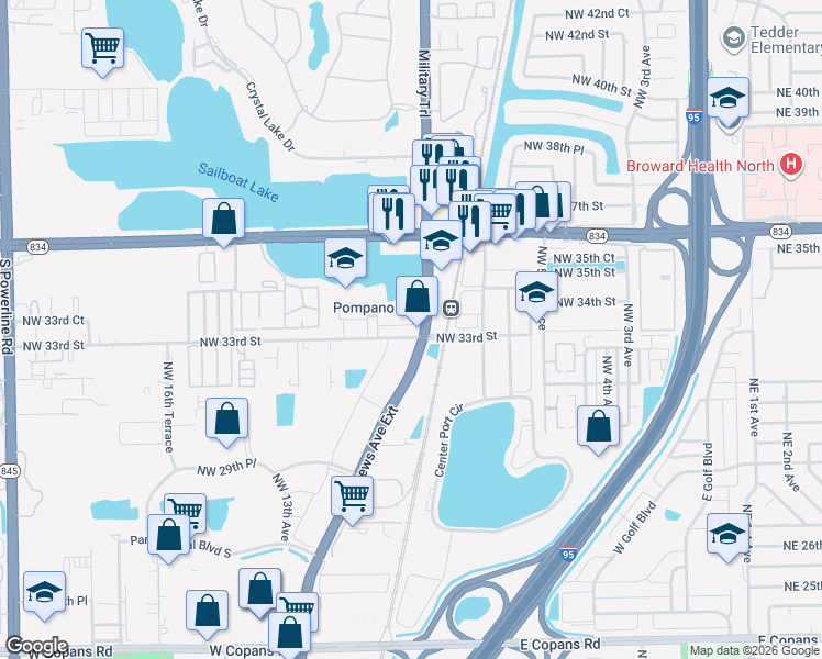 map of restaurants, bars, coffee shops, grocery stores, and more near 1101 Northwest 33rd Street in Pompano Beach