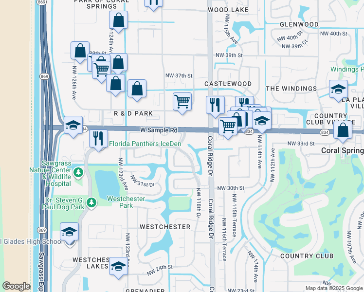 map of restaurants, bars, coffee shops, grocery stores, and more near 3265 Northwest 118th Drive in Coral Springs