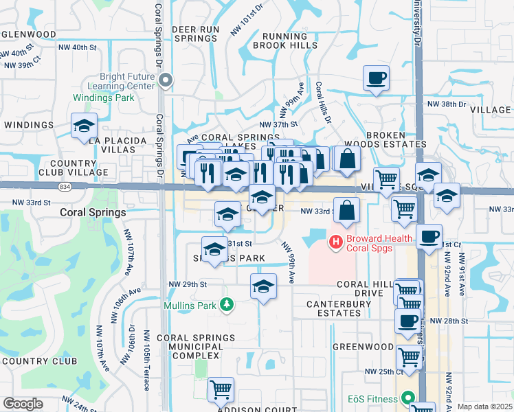 map of restaurants, bars, coffee shops, grocery stores, and more near 3317 Northwest 101st Avenue in Coral Springs