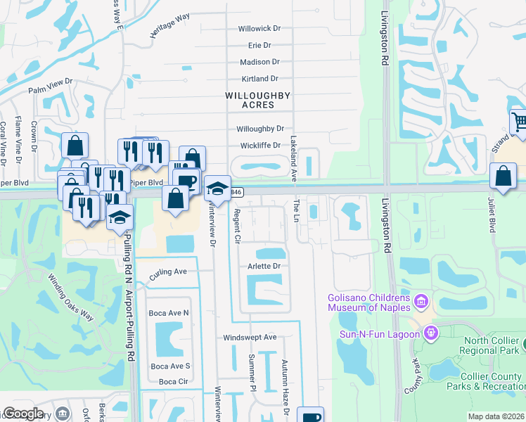 map of restaurants, bars, coffee shops, grocery stores, and more near 10908 Regent Circle in Naples