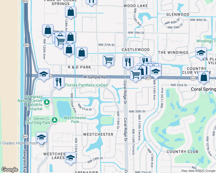 map of restaurants, bars, coffee shops, grocery stores, and more near 3277 Northwest 118th Drive in Coral Springs
