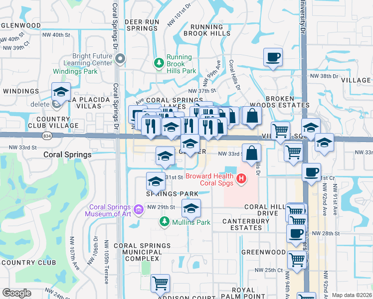 map of restaurants, bars, coffee shops, grocery stores, and more near in Coral Springs