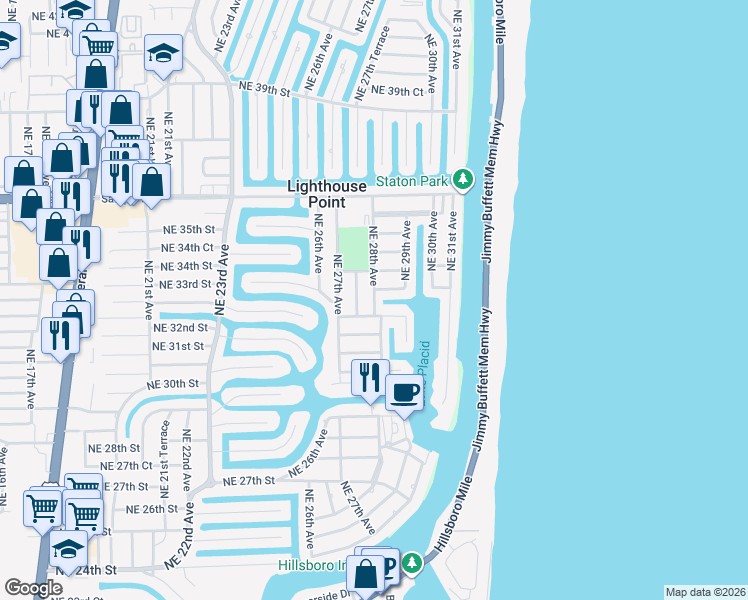 map of restaurants, bars, coffee shops, grocery stores, and more near 3216 Northeast 28th Avenue in Lighthouse Point