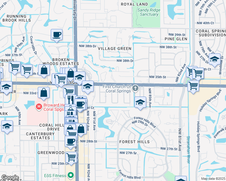 map of restaurants, bars, coffee shops, grocery stores, and more near 3212 Northwest 89th Terrace in Coral Springs