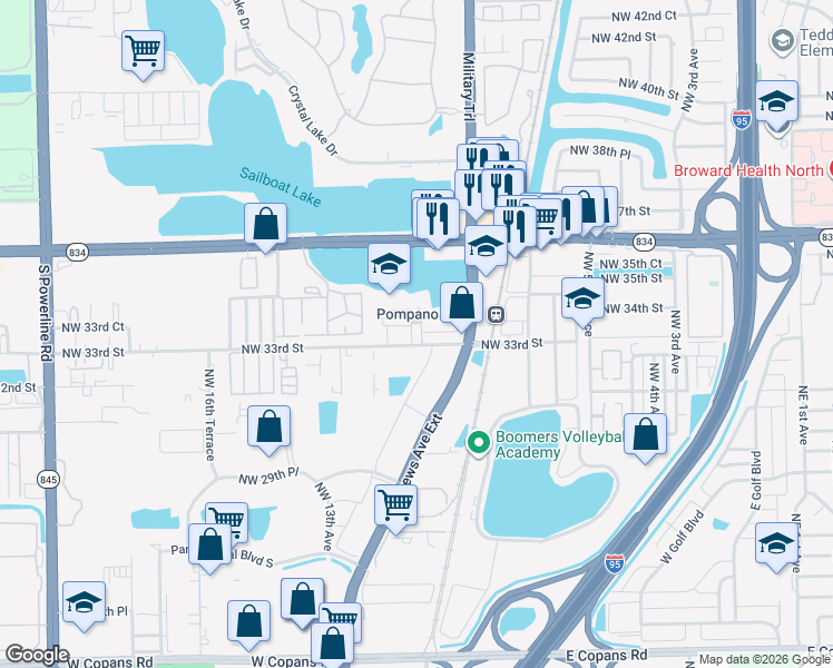 map of restaurants, bars, coffee shops, grocery stores, and more near 1088 Northwest 33rd Court in Pompano Beach