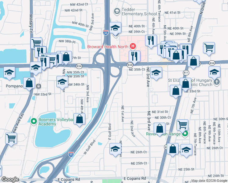 map of restaurants, bars, coffee shops, grocery stores, and more near 3240 East Golf Boulevard in Pompano Beach