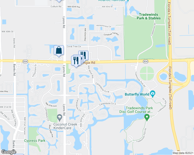 map of restaurants, bars, coffee shops, grocery stores, and more near 3559 Northwest 42nd Avenue in Coconut Creek