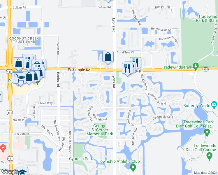 map of restaurants, bars, coffee shops, grocery stores, and more near 3834 Cocoplum Circle in Coconut Creek