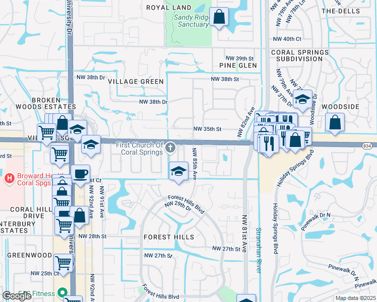 map of restaurants, bars, coffee shops, grocery stores, and more near 3351 Northwest 85th Avenue in Coral Springs