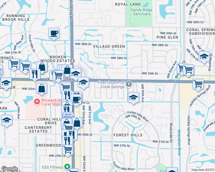 map of restaurants, bars, coffee shops, grocery stores, and more near 3212 Northwest 89th Terrace in Coral Springs