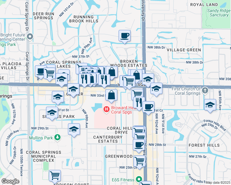 map of restaurants, bars, coffee shops, grocery stores, and more near 3331 Coral Hills Drive in Coral Springs